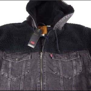 Levi’s Premium Faux Sherpa Sleeves Hybrid Denim Trucker Jacket w Hood NWT